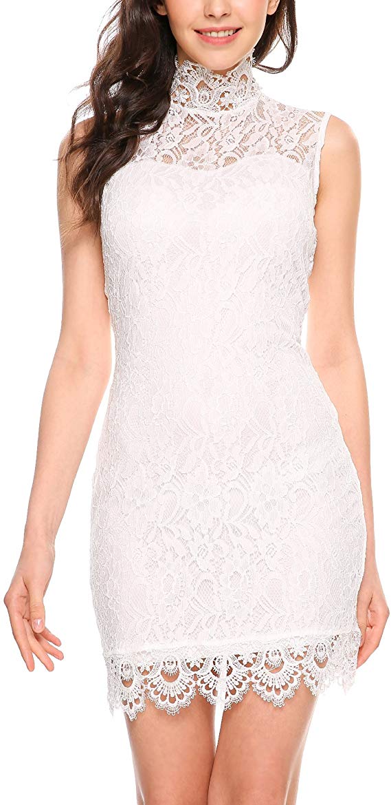 Beyove Women Sheer High Neck Floral Lace Sleeveless Bodycon Cocktail Dress