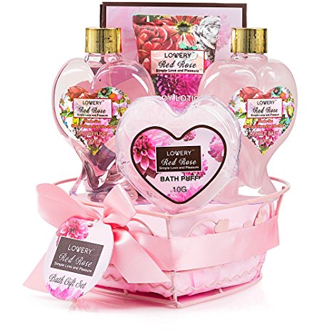 Spa Gift Basket in Red Rose Fragrance - Lovely Mother's Day Gifts - Best Home Spa Set - Luxury Bath & Body Set, Contains Shower Gel, Bubble Bath, Body Lotion, Bath Salt, Puff & Heart Wired Basket