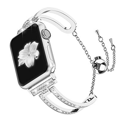 Wearlizer Womens Silver Compatible with Apple Watch Band 38mm 40mm iWatch Bling Jewelry U-Type Dressy Wristband Steel with Rhinestone Bangle Replacement Strap Metal Bracelet Chain Series 4 3 2 1