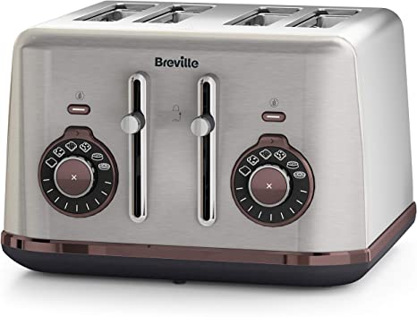 Breville Bread Select 4-Slice Toaster | Temperature Control & High Lift | Wide Slots & Independent 2-Slice Controls | Brushed Nickel (Silver/Grey), [VTT953]