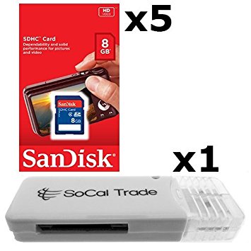 5 PACK - SanDisk 8GB SD HC Class 4 Secure Digital High Speed SDHC Flash Memory Card SDSDB-008G 8G 8 GB GIGS (S.B8.RTx5.562) LOT OF 5 with USB SoCal Trade© SCT SD Memory Card Reader - Retail Packaging