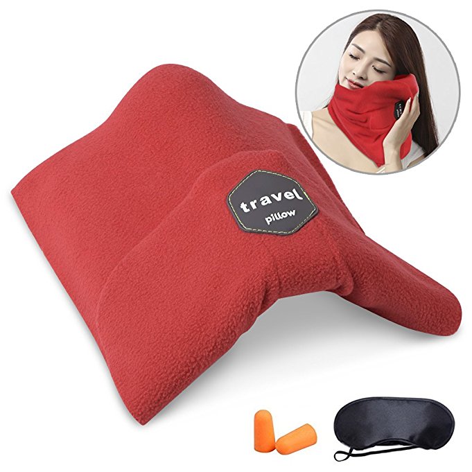 HAOBAIMEI Travel Pillow with Neck Support - Reduce Neck and Shoulder Stress - Breathable Soft Fleece Scarf - Portable Lightweight Compact Travel Pillow - Machine Washable Traveling Accessories (Red)
