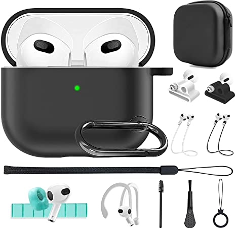 Airpods 3 Case (2021 Released), 13 in 1 Silicone AirPods 3rd Cover Accessories Set for AirPods 3rd Charging Case with Ear Hook/Watch Band Holder/Carry Box/Anti-Lost Strap/Clean Putty/Keychain(Black)