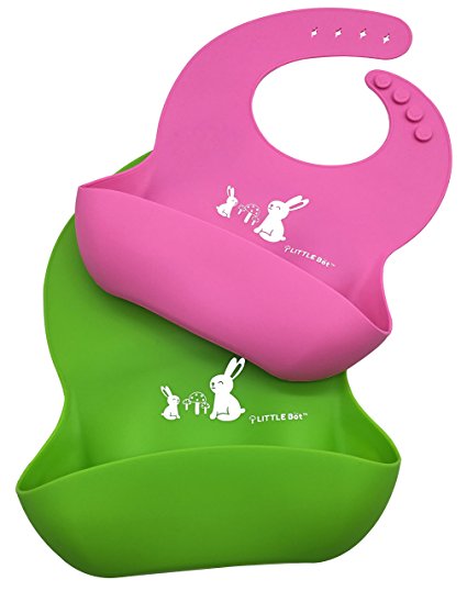 LITTLE Bot Catch-All Soft Silicone Bib - 2 Pack Pink/Green Bunny, Comfortable, Easy to clean, Infant/Toddler, Germ-free
