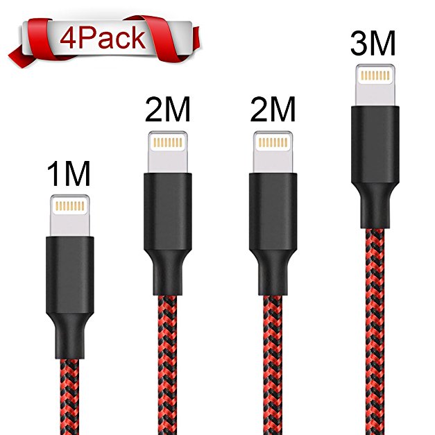 Lightning Cable,ONSON® 4Pack 1M 2M 2M 3M Extra Long Nylon Braided iPhone Charger Cable Charging Lead Cord USB Wire for Apple iPhone X / 8 / 8 Plus / 7 / 7 Plus / 6S / 6S Plus / 5 / 5S / 5C / SE, iPad Pro / Air / Mini, iPod Touch 5/6 (Black Red)