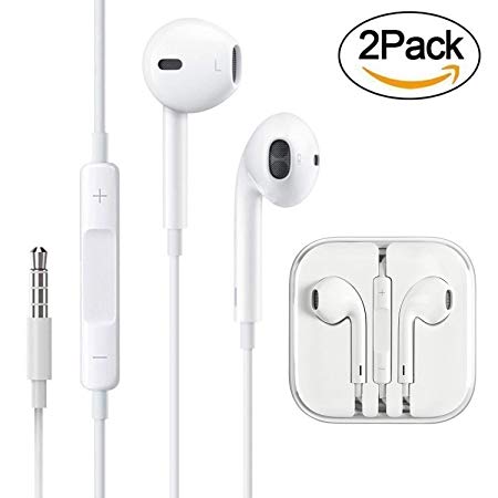 2 Pack Earphones/Earbuds/Headphones/Headsets to 3.5mm with Stereo Mic&Remote Noise Isolating Control Headphone Compatible with for Most Smartphones - White-2 Pack