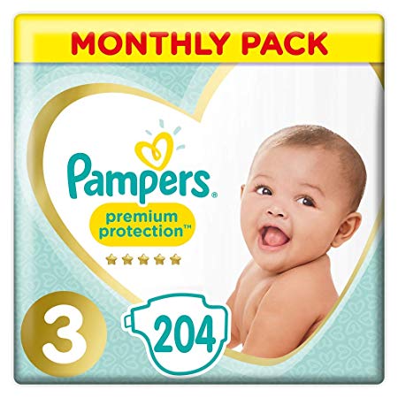 Pampers Premium Protection, Monthly Saving Pack, Soft Comfort, Approved by British Skin Foundation, Size 3, 204 Nappies, 6-10 kg