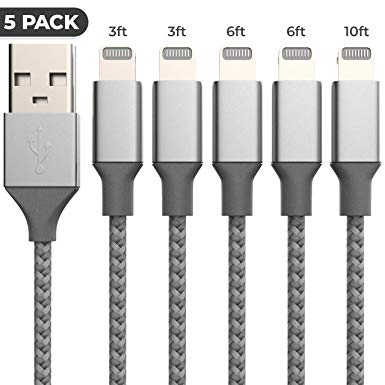 Sumee Phone Charger Cable, Charging Cable 5 Pack (3/3/6/6/10 FT) Durable Nylon Braided Fast Charging Cord Charger for Phone Xs/XS Max/XR/X/8/7/6/5 Pad Mini/Pro/Air Pod and More - Gray&White