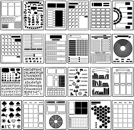 24 Pieces Journal Stencil Set Plastic Planner Bullet Journaling Stencils Ultimate Productivity Stencil DIY Templates to Create Calendars Schedule for A5 Journal Scrapbooking Notebook (Simple Style)