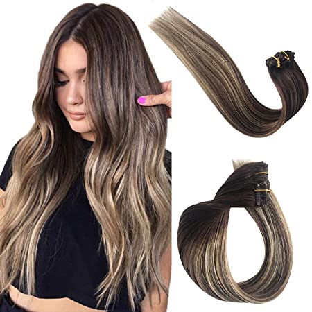 Benafee Clip in Hair Extensions Human Hair for Black/White Women Ombre Balayage Real Remy Hair Extensions Clip on Medium Brown with Honey Blonde Highlights Double Weft Full Head 70g 7pcs 16 Clips 15”