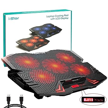 Laptop Cooling Pad, Laptop Cooler Cooling Pad Stand for up to 15.6 inch Laptop with Metal Mesh Surface, 5 Fan 2500RPM Adjustable Strong Wind LED Light, Free Height, 2 USB Port, Red Fan