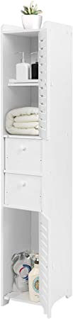 Column Tall Modern White Bathroom Cabinet, Bathroom Tall Unit Storage Cabinet Wood Plastic Board Cabinet Storage Toilet Unit with 3 Compartments Storage Units and 2 Drawers, 26x20x118cm