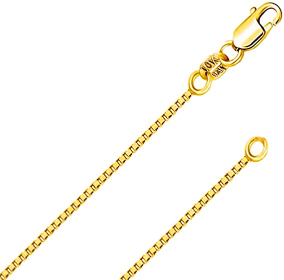 10k REAL SOLID Yellow OR White OR Rose/Pink Gold Solid 0.5mm,0.6mm,0.7mm.0.9,1.1MM Box Link Chain Necklace with Lobster Claw Clas and Spring Ring Clasp with jewelry Box MADE in ITALY