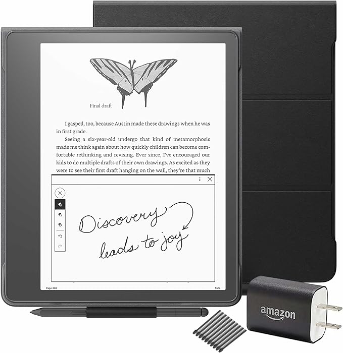 Kindle Scribe Everything Bundle including Kindle Scribe (16 GB), Premium Pen, Leather Folio Cover with Magnetic Attach - Black, Power Adapter, and Pen Replacement Tips