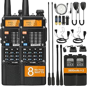 BAOFENG UV-5R Ham Radios Long Range, UV5R 8W Handheld UHF/VHF Radio with High-gain Antenna, Portable Dual Band Two Way Radio with 3800mAh USB-C Port Battery & Air Duct Earpiece (UV5R 3rd Gen-2 Pack)