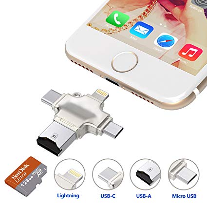 TedGem 4 in 1 SD Card Reader, Lightning USB Card Reader Micro SD/TF Card Reader with Lightning/USB/Micro USB/Type-C Connector for iPhone/iPad/Android/PC/Mac