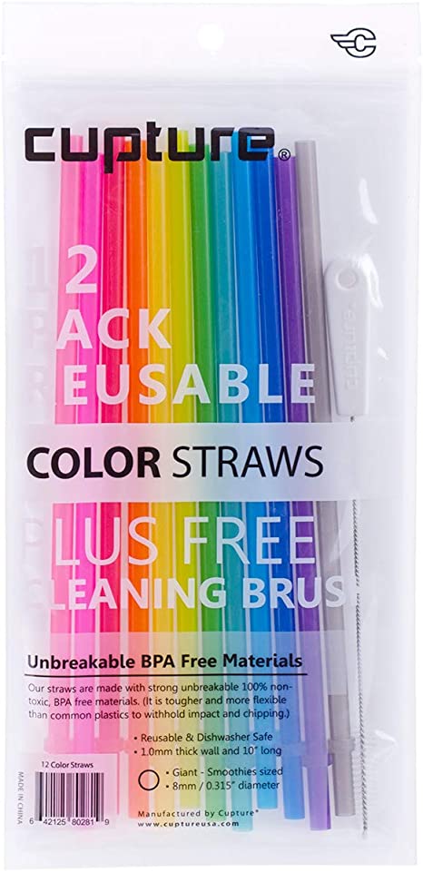 Cupture Reusable & Unbreakable Color Straws - 12 Count   Free Brush (12 Solid Colors)