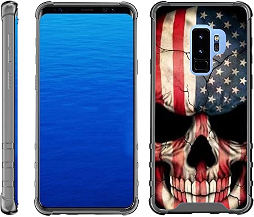 TurtleArmor | Compatible with Samsung Galaxy S9 Case | G960 [Flexible Armor] Hard Impact Clear TPU Flexible Case Slim Shockproof Cover Protector with Smoke Edges - US Flag Skull