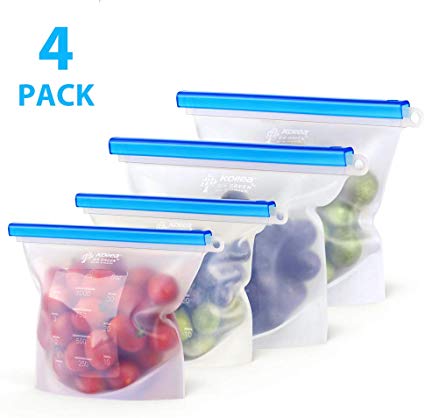 Reusable Silicone Food Storage Bags, Kollea Airtight Seal Sandwich Bags Sets Food grade Ideal for Vegetable, Snack, Fruit, Liquid, Meat and Microwave Freezer Dishwasher Safe (2 Large   2 Medium)