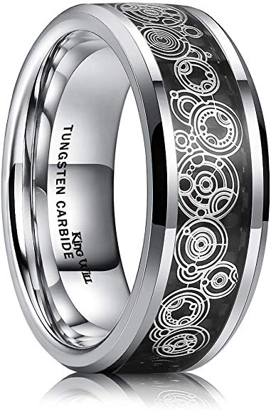 King Will Mens 8mm Black/Silver Tungsten Carbide Wedding Ring Blue/Black Carbon Fiber & Rose Gold Unique Pattern Inlay High Polished