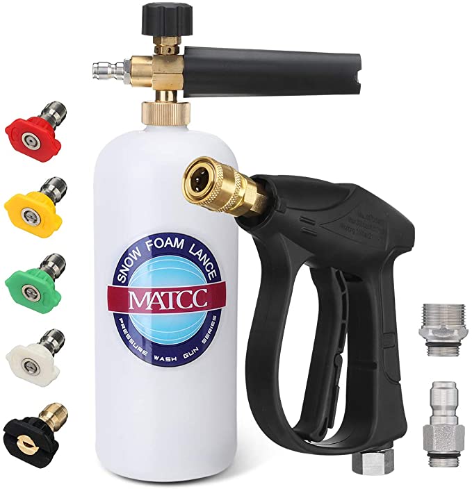 MATCC Foam Cannon Car Snow Foam Lance with 3000 PSI Pressure Washer Gun and 5Pcs Pressure Washer Spray Nozzles with M22-14 mm and 3/8" Quick Inlet Connector, 1/4” Quick Outlet Connector