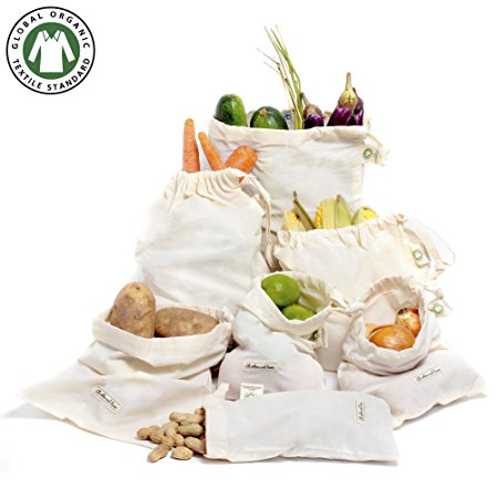 Set of 7 Organic GOTS Approved Grocery Shopping produce bag, muslin bags, kitchen sets, vegetable storage, Produce Bags, Travel, Home Storage, cotton by the bag (3 Size(6x10,10x12,8x10))