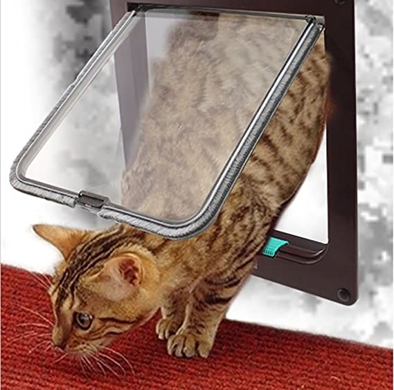 Pevor Pet Flap Door with 4 Way Lock - Lockable Safe Flap Door – for Cat Kitten Dog, Brown Large, 9.2x10x2.2 in