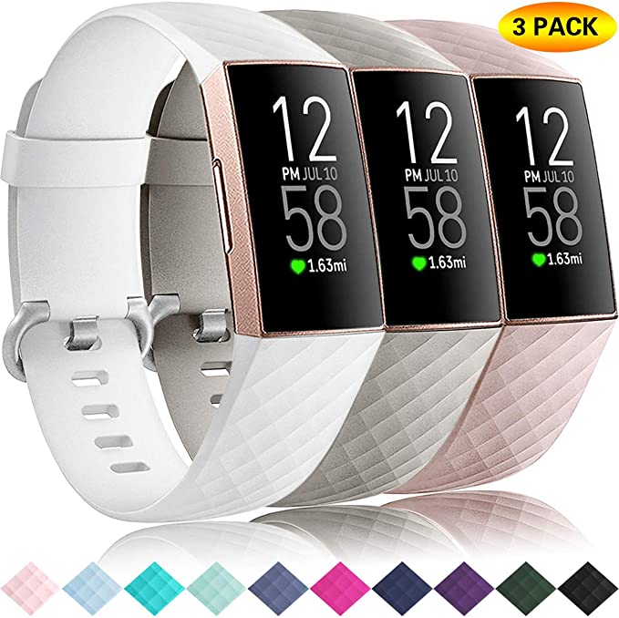 Getino 3 Pack Bands Compatible with Fitbit Charge 4 Bands/Fitbit Charge 3 Bands/Charge 3 SE, Soft, Flexible and Waterproof TPU Sport Replacement Strap Wristbands for Women Men Small Pink/Gray/White