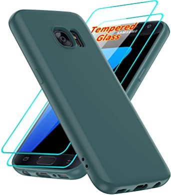 Galaxy S7 Case, Samsung S7 Phone Case with 2 Pack Tempered Glass Screen Protector for Women Men, LeYi Liquid Silicone Slim Silky-Soft Phone Case Cover for Samsung Galaxy S7, Green