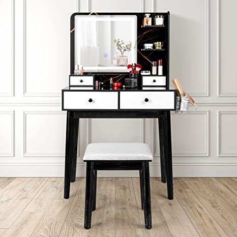 XCSOURCE Vanity Table Set with Lighted Mirror&Stool (Black&White)