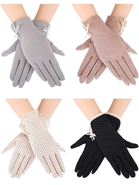 Blulu 4 Pairs Summer UV Protection Sunblock Gloves Non-slip Touchscreen Driving Gloves Bowknot Floral Gloves for Women Girls