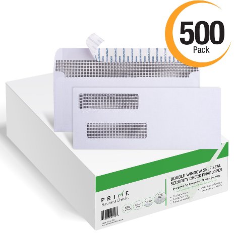 500 SELF SEAL Double Window Security Tinted Envelopes - Designed for Business Checks, QuickBooks, Laser Checks - Security Tinted - Self adhesive Peel and Seal - White - Size 3 5/8" x 8 11/16" (Checks Will Not Move) - 24 LB - 500 Per Box - NOT FOR INVOICES