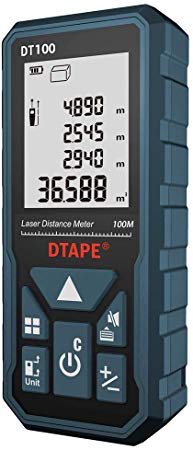 Laser Distance Meter 100m, DTAPE DT100 Portable Handle Digital Measure Tool Range Finder Larger Backlit LCD 4 Line Display IP54 Shockproof Battery Included