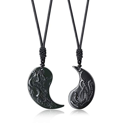 COAI Black Obsidian Dragon and Phoenix Yin Yang Pendant Necklaces for Couples