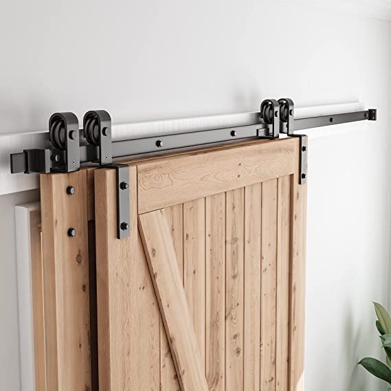 SMARTSTANDARD 7.5 Feet Bypass Sliding Barn Door Hardware Kit - for Double Wooden Doors-Single Track - Smoothly & Quietly - Easy to Install-Fit 78" Opening