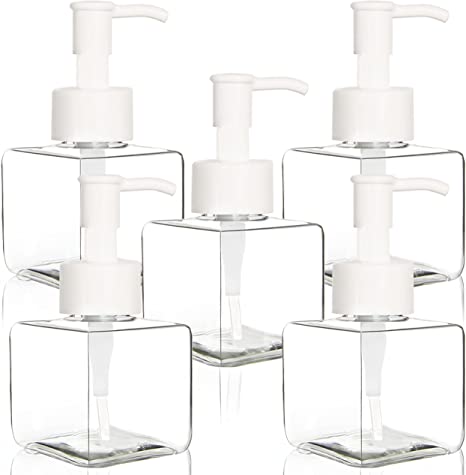 Youngever 5 Pack 4 Ounce Plastic Pump Bottles, Square Refillable Plastic Pump Bottles for Dispensing Lotions, Liquid Soap (Clear with White Pump)