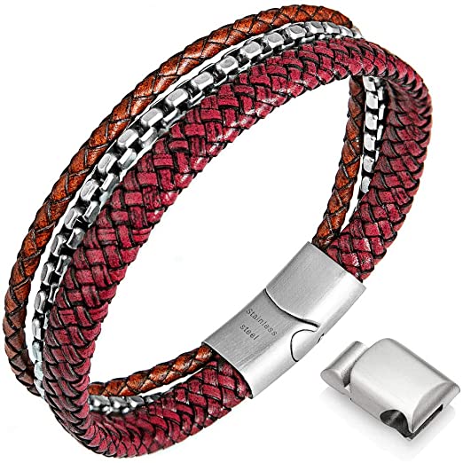Mens Bracelets,Leather and Steel Bracelets, Chain Bracelets with Magnetic Clasp,Steel Bracelets for Men