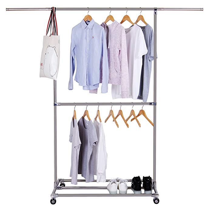 Lifewit Adjustable Double Rods Garment Rack with Shoe Shelf Rolling Hanging Rail for Clothes, Stainless Steel (Double Rail)