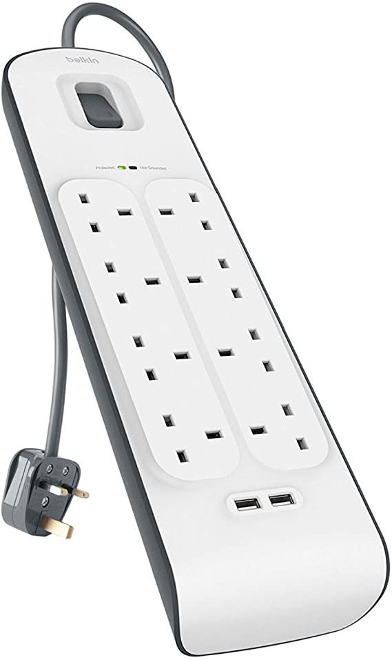 Belkin BSV804 8 Way 2 m Surge Protection Extension Lead Strip with 2 x 2.4 A Shared USB Charging Plug, White