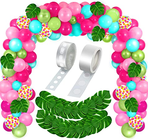 120 Pieces Flamingo Hawaiian Tropical Balloon Arch Garland Kit Luau Jungle Party Confetti Latex Balloons with 20 Palm Leaves Strip Dots (Rose Red, Light Pink, White, Transparent, Gold)