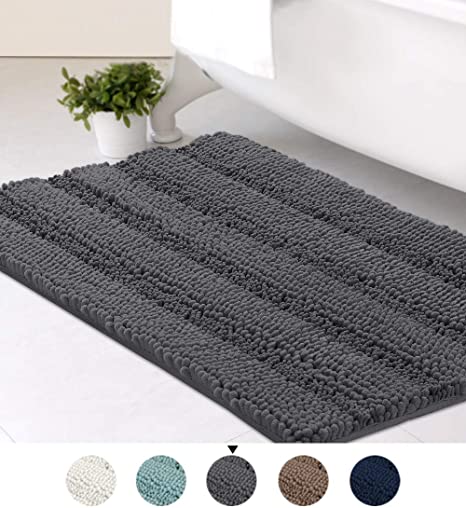 Striped Luxury Chenille Bathroom Rug Mat Extra Soft and Absorbent Shaggy Rugs Dry Quickly Plush Rug Carpet for Tub/Toilet/Shower Machine Washable, Grey, 20x32 Inch