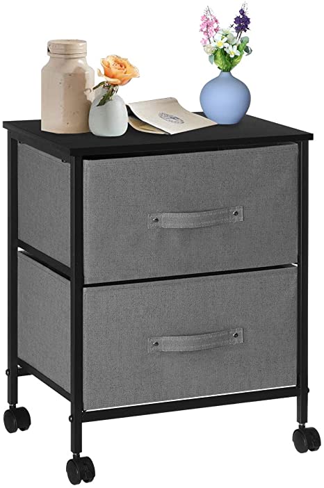 KINGSO Nightstand 2 Drawers Storage Tower with Lockable Rolling Wheels, Sturdy Steel Frame, Wood Top, Easy Pull Fabric Bins - End Table Dresser for Bedroom, Living Room, Hallway, Closets Grey