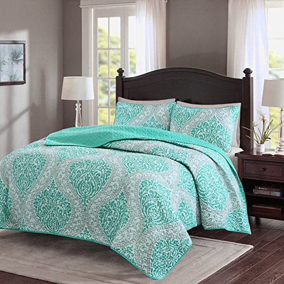 Comfort Spaces – Coco Mini Quilt Set - 3 Piece – Teal and Grey– Printed Damask Pattern – Full / Queen size, includes 1 Quilt, 2 Shams