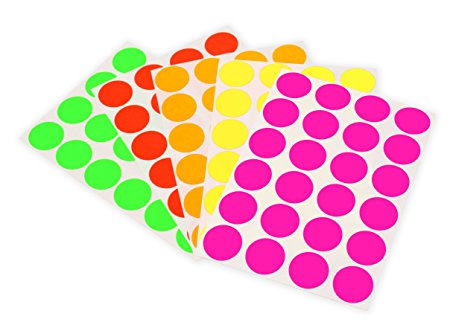 3/4" Round Labels, Assorted Fluorescent Colors Kit (5 Colors) | Permanent Adhesive, 0.75 in. — 1,200 Dots/ Pack