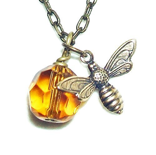 BEE NECKLACE Honey Amber GLASS CRYSTAL Drop SAVE THE BEES Nature Inspired Classic
