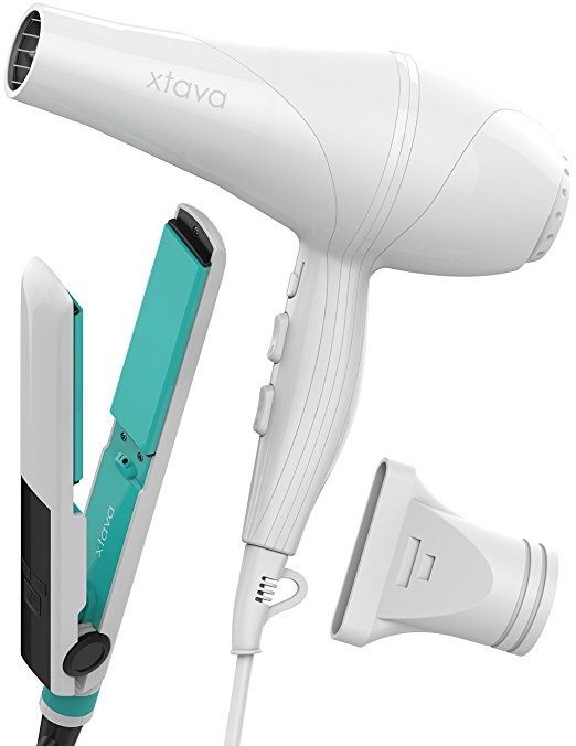 xtava Straight Up Shine Toolkit - White Allure 2200 Watt Professional Ionic Ceramic Hair Dryer and Pomona Goddess Flat Iron