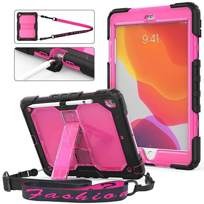 iPad 7th Generation Case with Pencil Holder, iPad 10.2 2019 Case,3 Layers Shockproof Full Body Protective Case with [Portable Shoulder Strap]&[with Kickstand] for iPad 10.2 A2197/ A2198/ A2200(Pink)