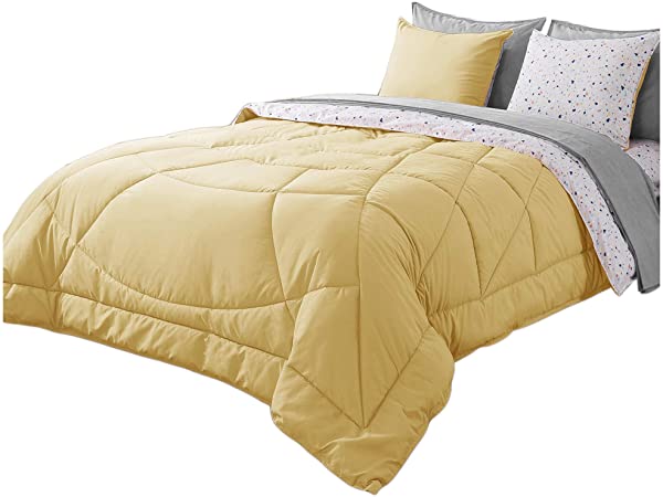 KASENTEX 5 Piece Bed in A Bag Premium Brushed Microfiber Comforter Bedding Set – Reversible with Down Alternative Filling and Attractive Colors, Twin/Twin XL, Sunshine Yellow