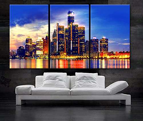 BoxColors - Large 30"x 60" 3 Panels 30x20 Ea Art Canvas Print Beautiful Detroit Skyline multi color Wall Home (Included Framed 1.5" Depth)