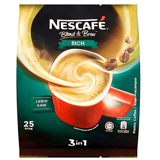 4 PACK - Nescafé 3 in 1 RICH Instant Coffee (100 Sticks TOTAL) Made from Premium Quality Beans Offers a Relaxing Flavor But with Strong, Solid Essence and Aroma Has a Richer Taste than Nescafé 3 in 1 Original Serve Hot or Cold From Nestlé Malaysia